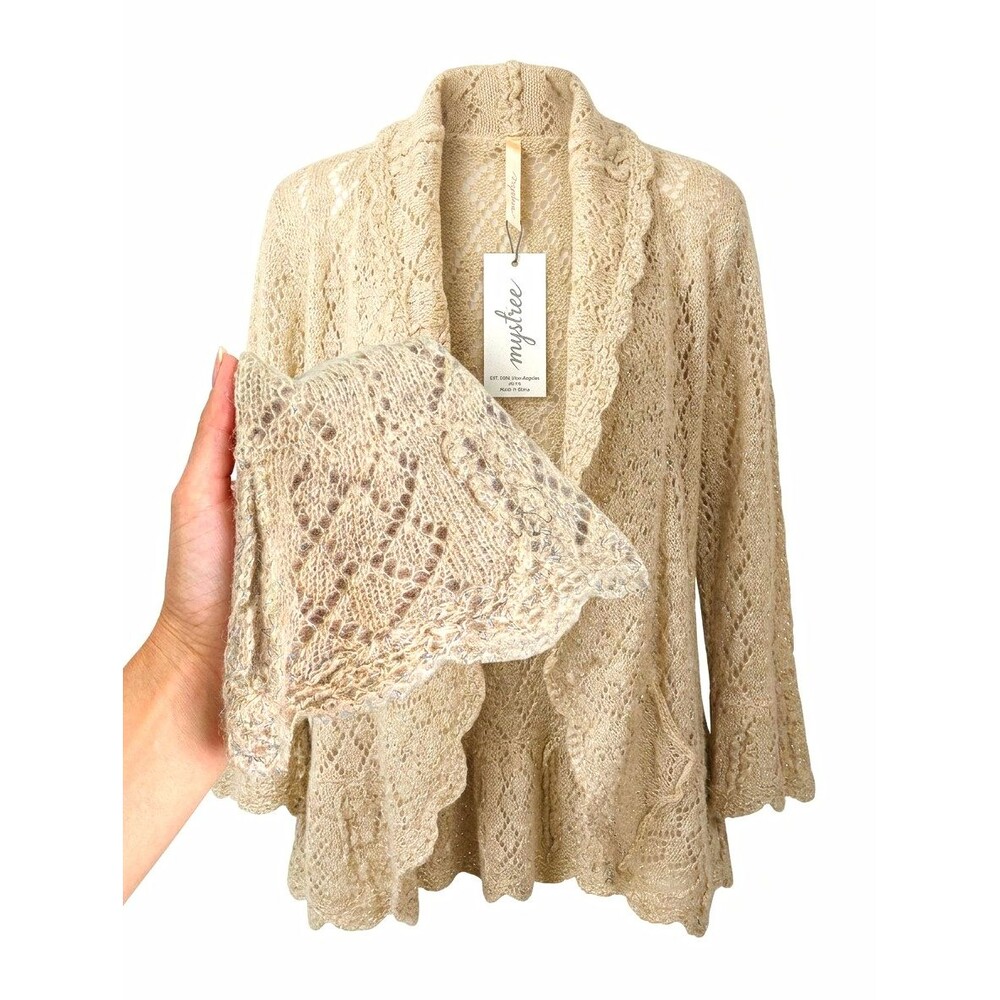 Mystree Cardigan Sweater Beige Open Knit Bell Sleeve Boho Coastal Scalloped